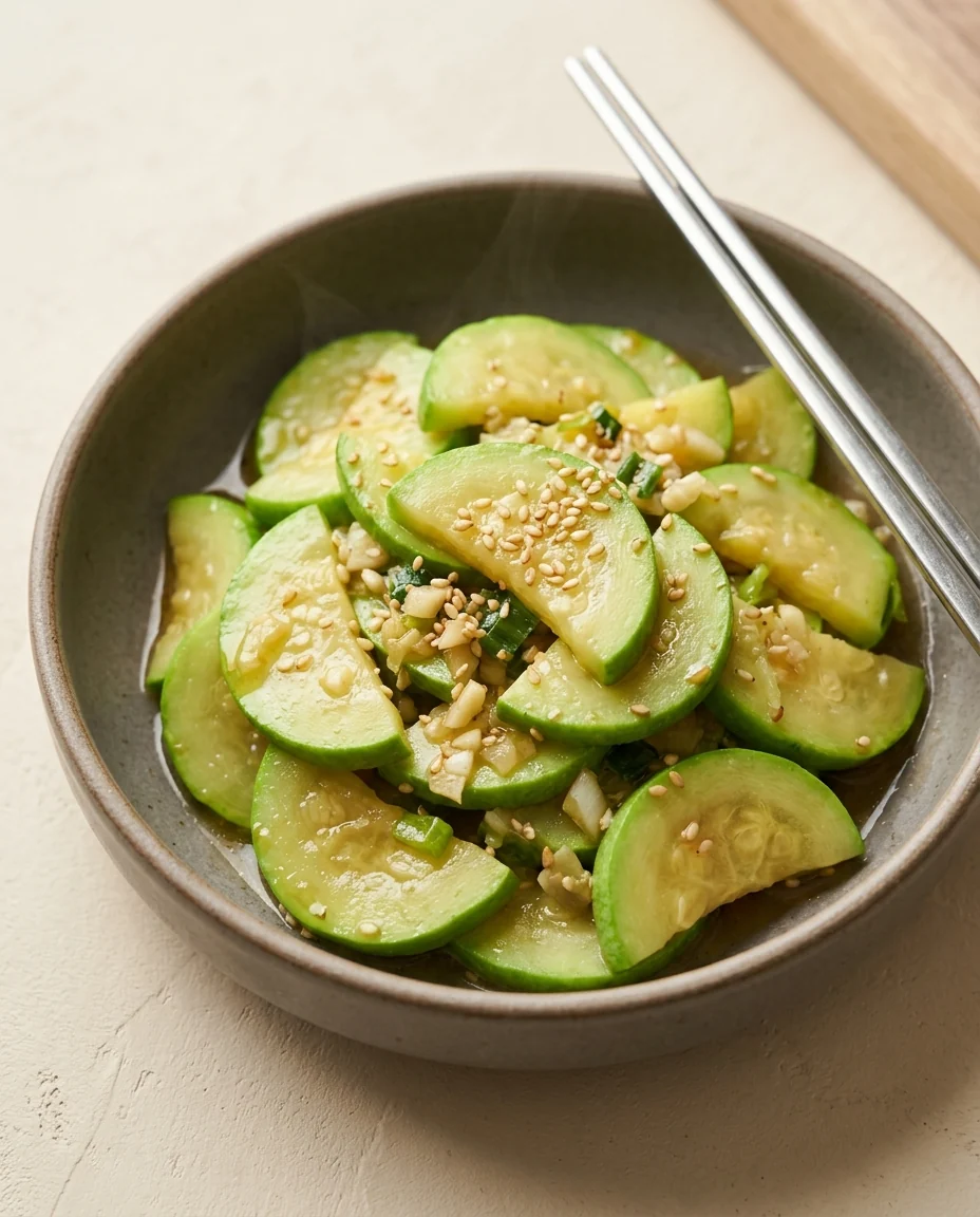 Cooked zucchini half-moons with minced garlic and sesame in a shallow bowl.