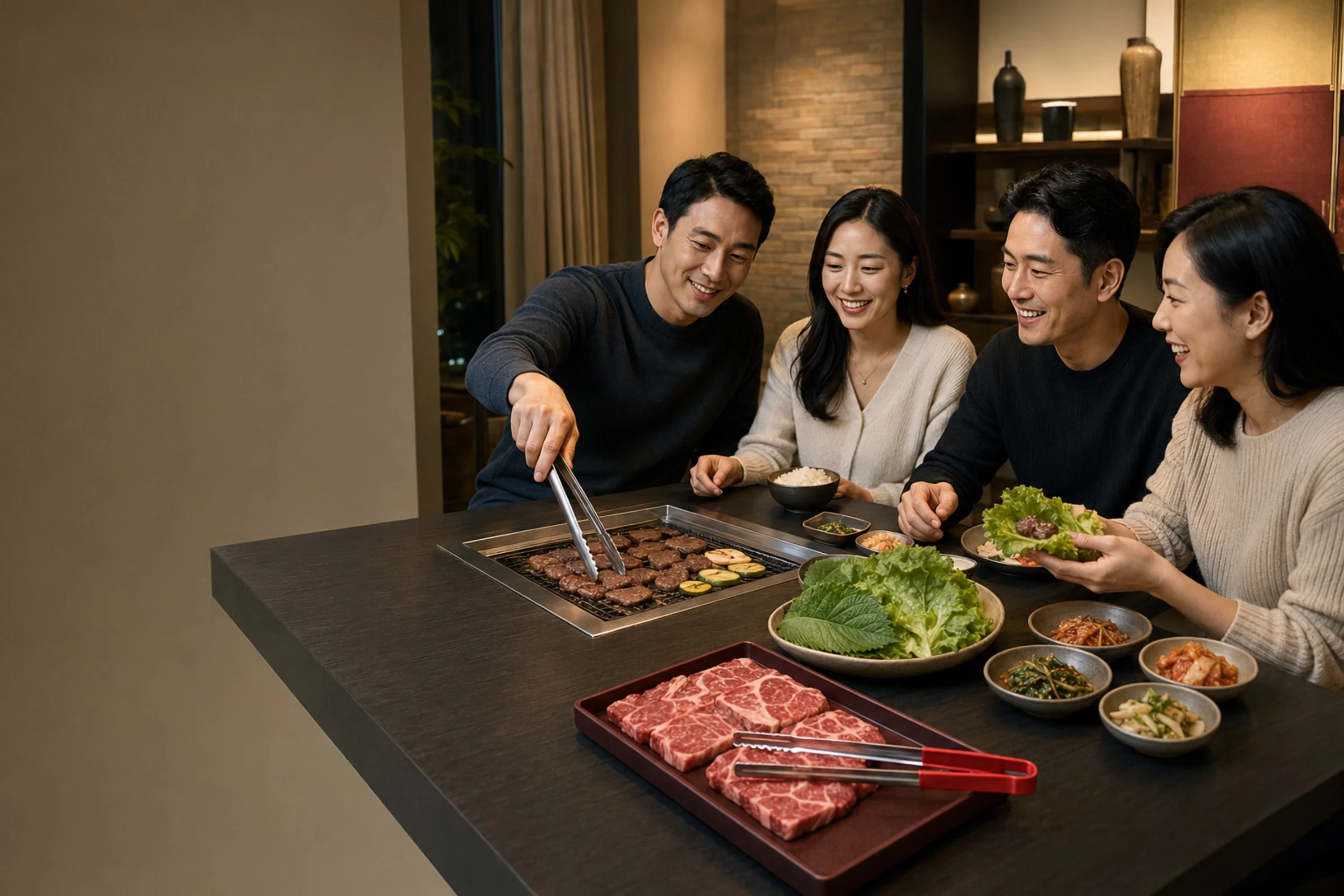 Four adults gather around an inset grill; red-handled tongs rest on a separate tray of raw marbled beef while stainless tongs handle browned beef beside lettuce, perilla, rice, and banchan.