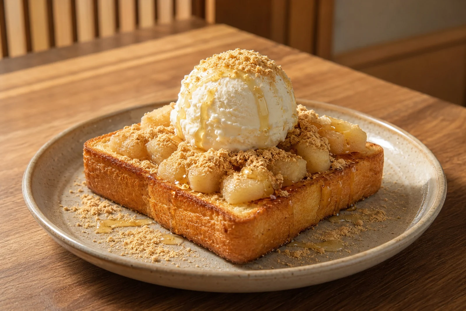 Thick golden slab of toast topped with pale rice-cake pieces, roasted soybean powder, and a honey-drizzled scoop of ice cream.