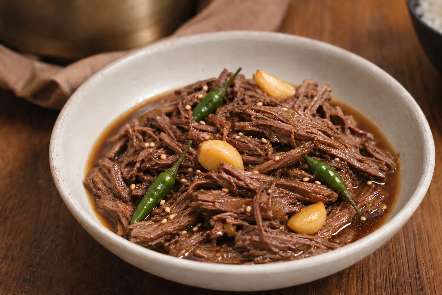 Soy-braised shredded beef with whole garlic, whole green bird’s-eye chilies and sesame in a pale ceramic bowl.
