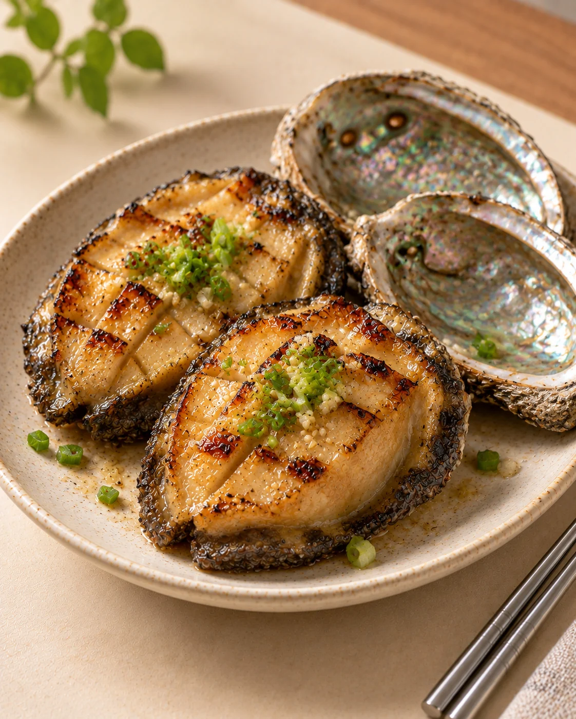 Crosshatched grilled abalone with garlic and scallion in iridescent shells.