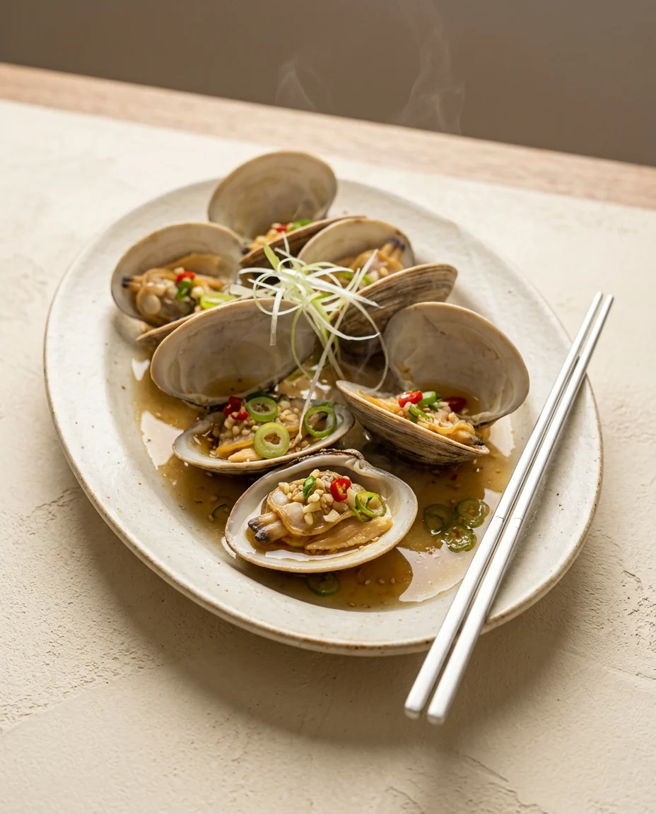 Open clam shells with garlic, scallion, and red pepper on a pale plate.