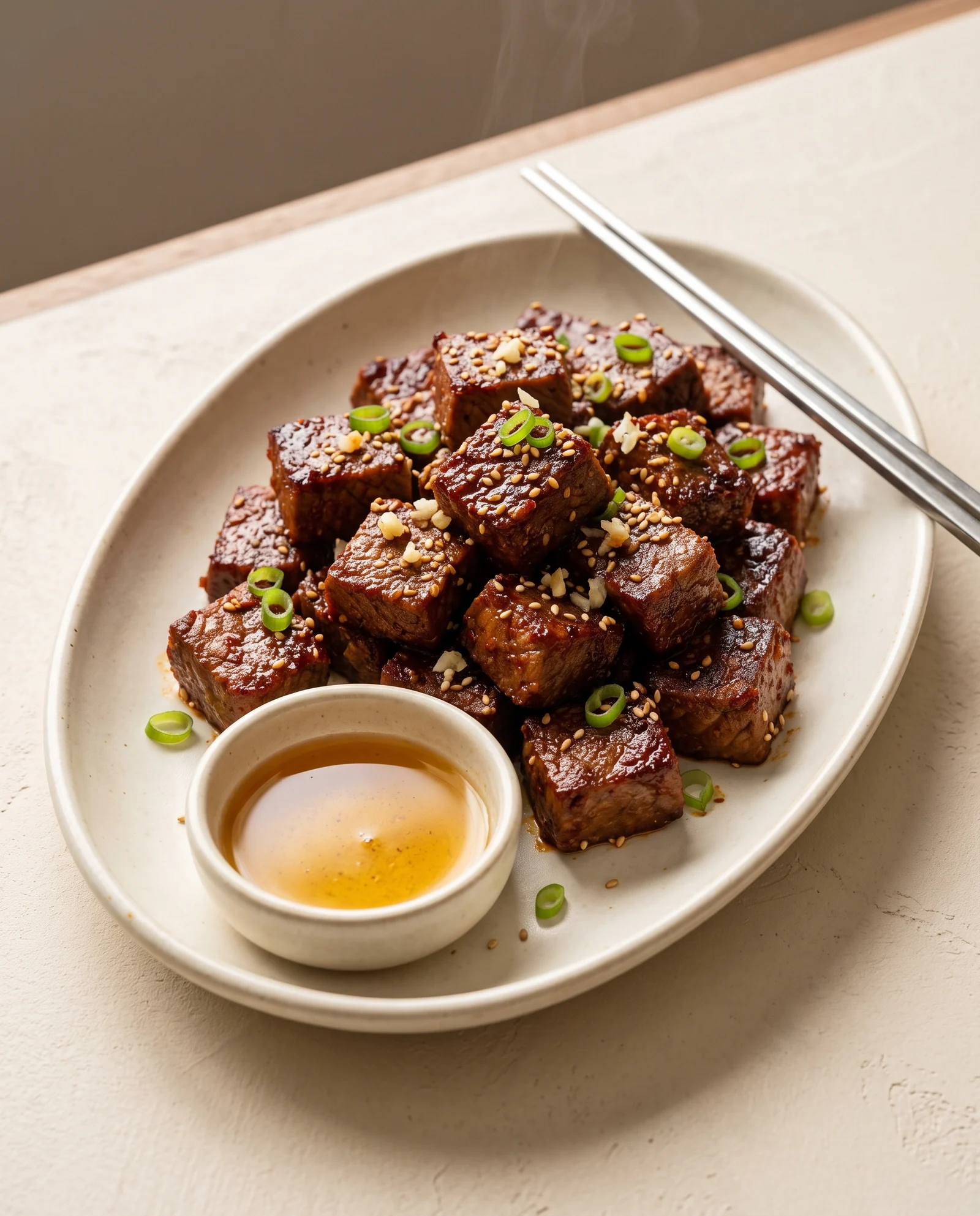 Browned steak cubes with sesame and scallion beside a small oil dip.
