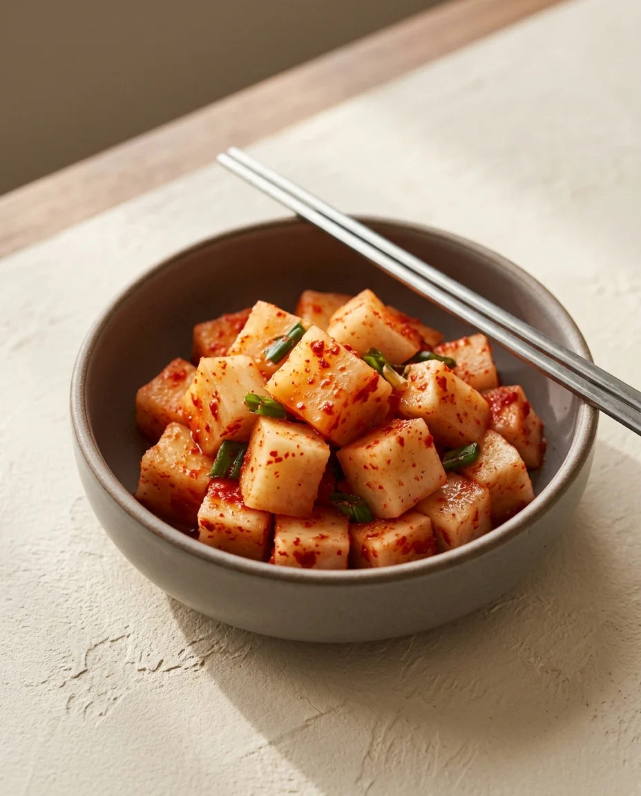 Red-pepper-coated radish cubes with scallion pieces in a brown bowl.
