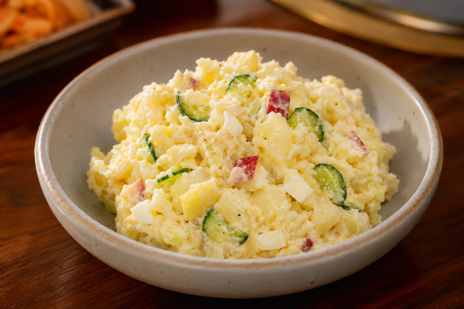 Creamy coarse Korean potato salad with red-skinned apple, cucumber and chopped hard-boiled egg.