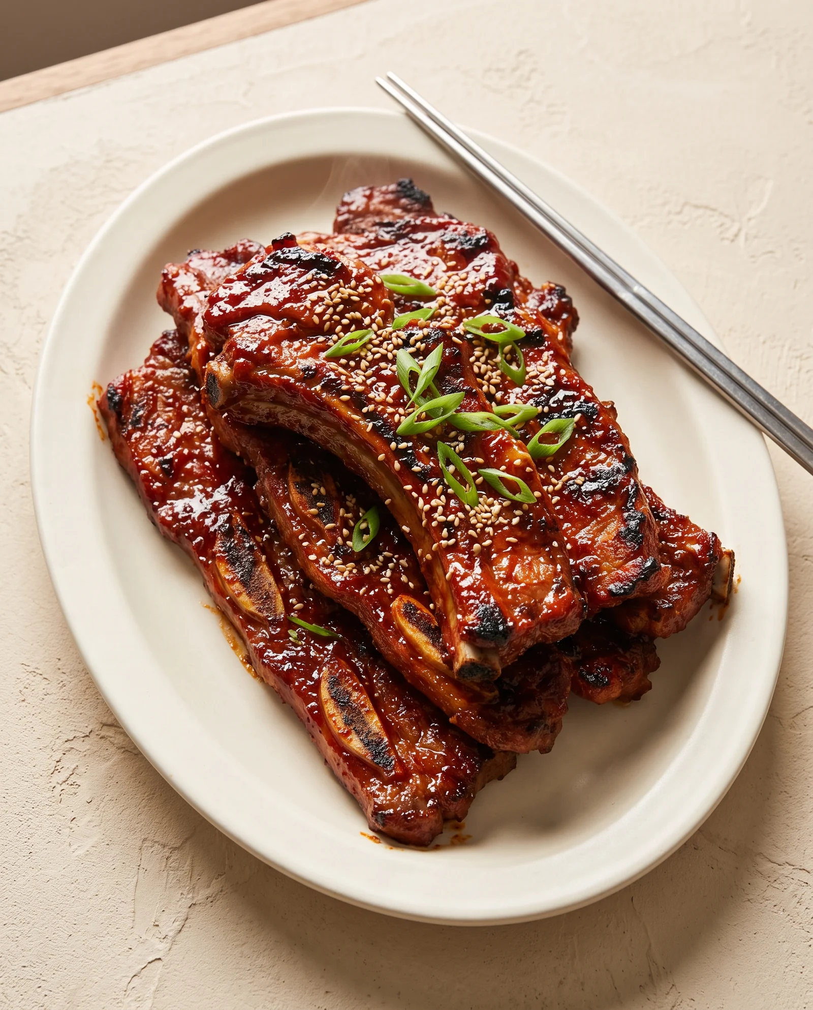 Long pork-rib sections with red glaze, browned edges, sesame, and scallion.