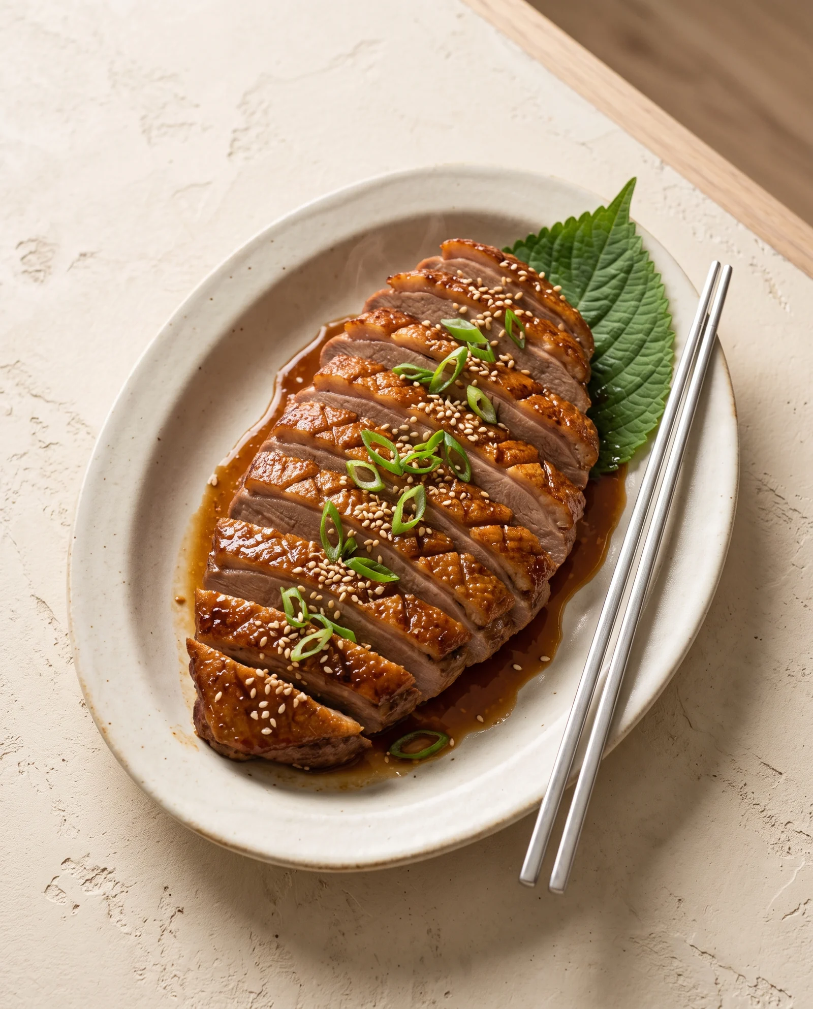 Sliced duck breast with scored browned skin, sesame, and scallion on an oval plate.