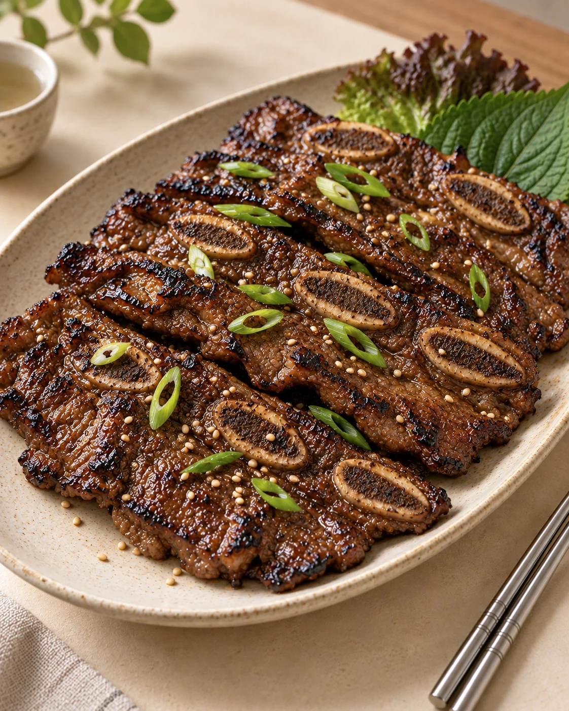 Browned flanken-cut beef ribs with round bone cross-sections and scallion.
