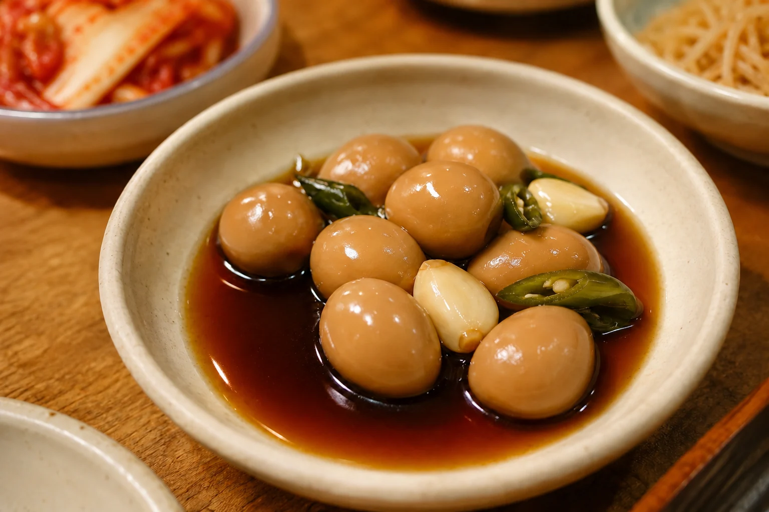 Glossy soy-braised quail eggs with garlic cloves and green chili in a pale ceramic bowl.