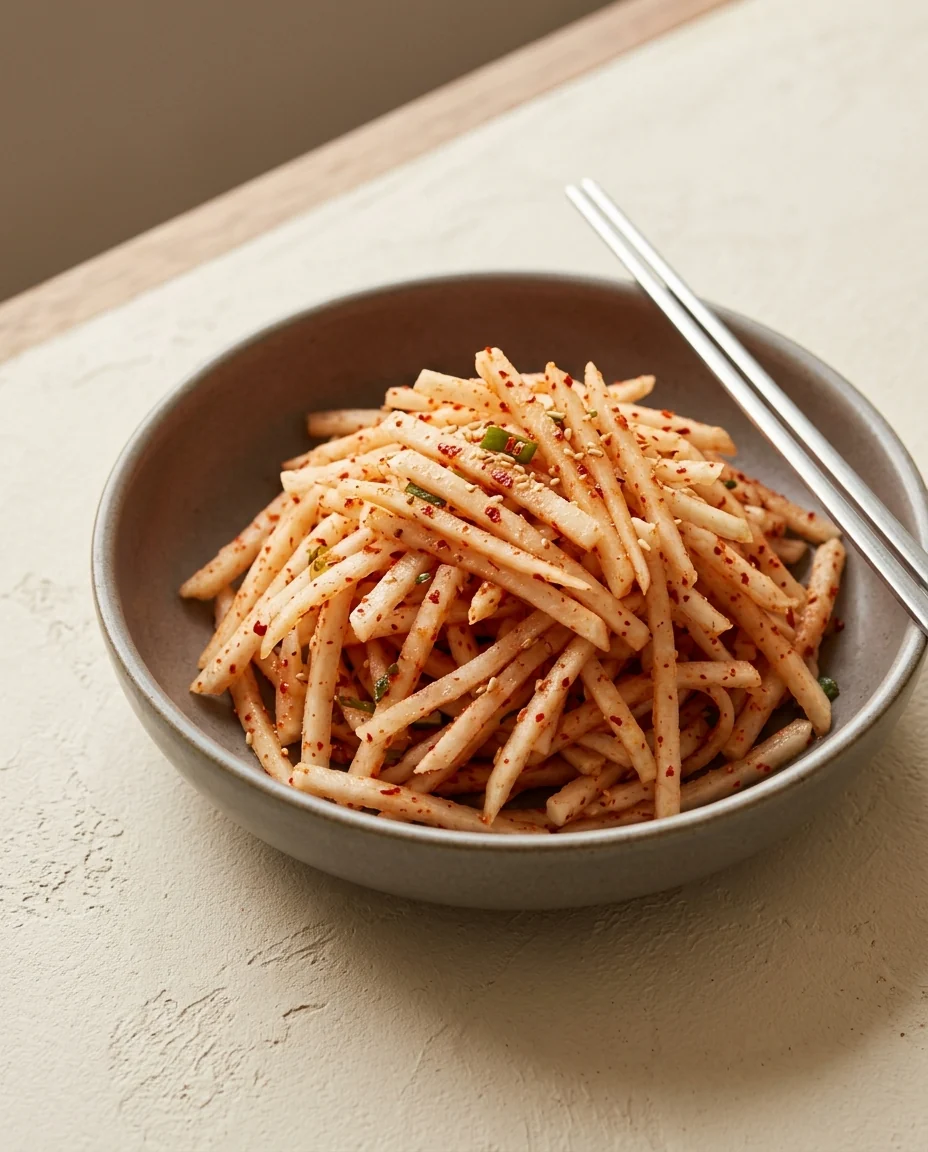 Radish matchsticks coated with red pepper flakes and sesame in a brown bowl.