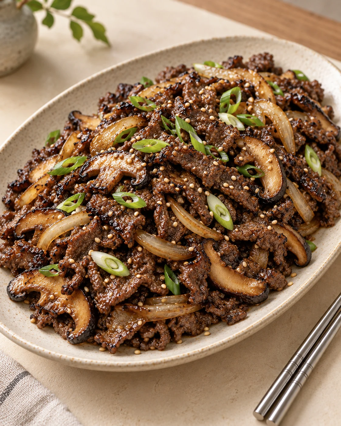 Thin browned beef strips with sliced mushrooms, onion, and scallion on a plate.