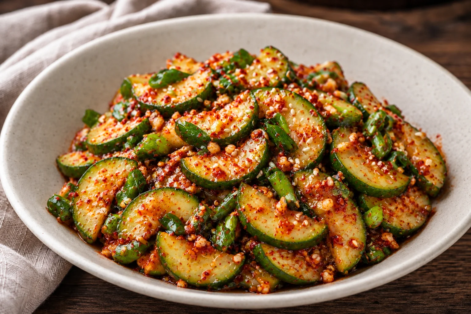 Thin cucumber half-moons with red chili dressing, scallion and sesame in a cream bowl.