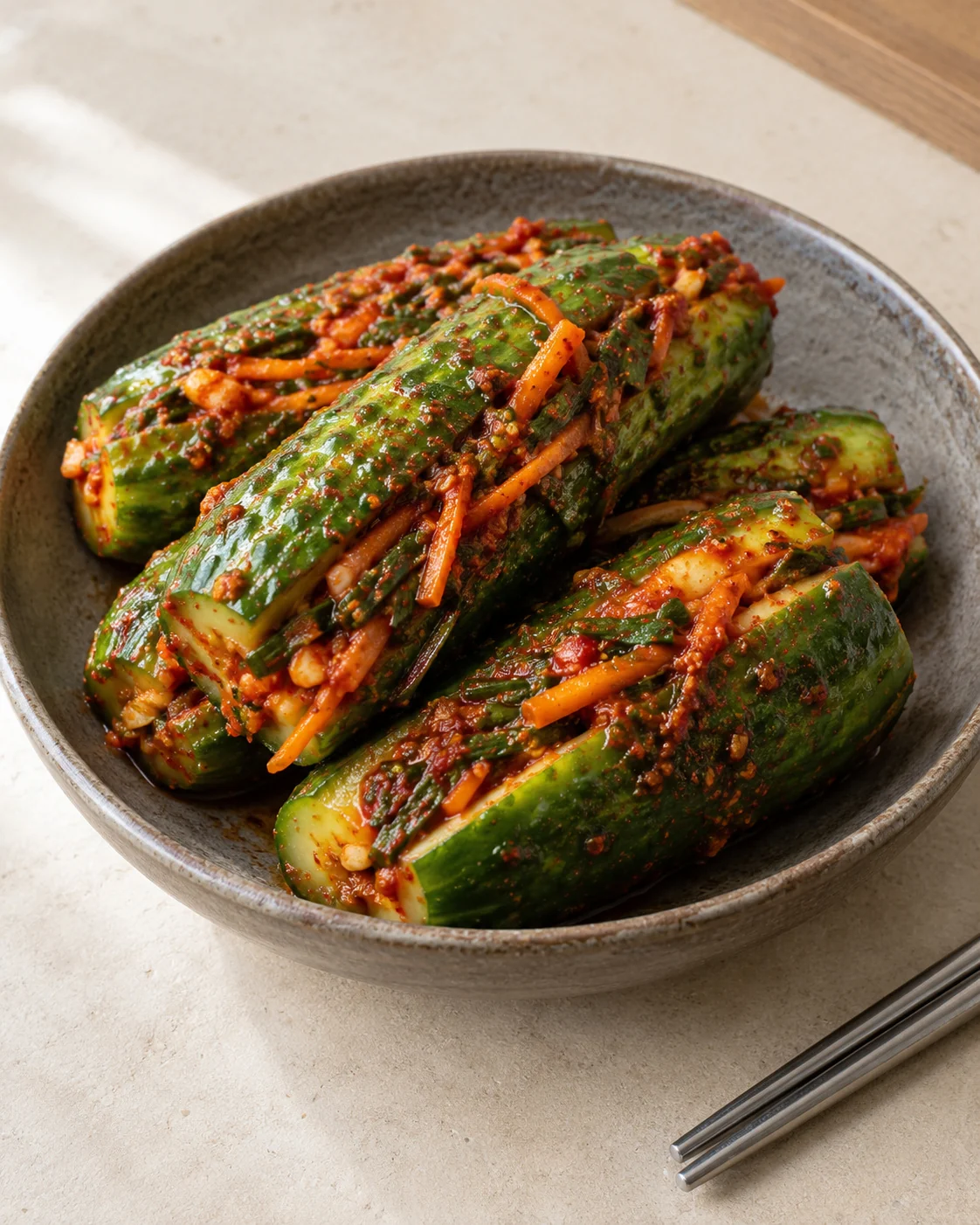 Slit cucumber pieces stuffed with red-seasoned carrot and chive strands.