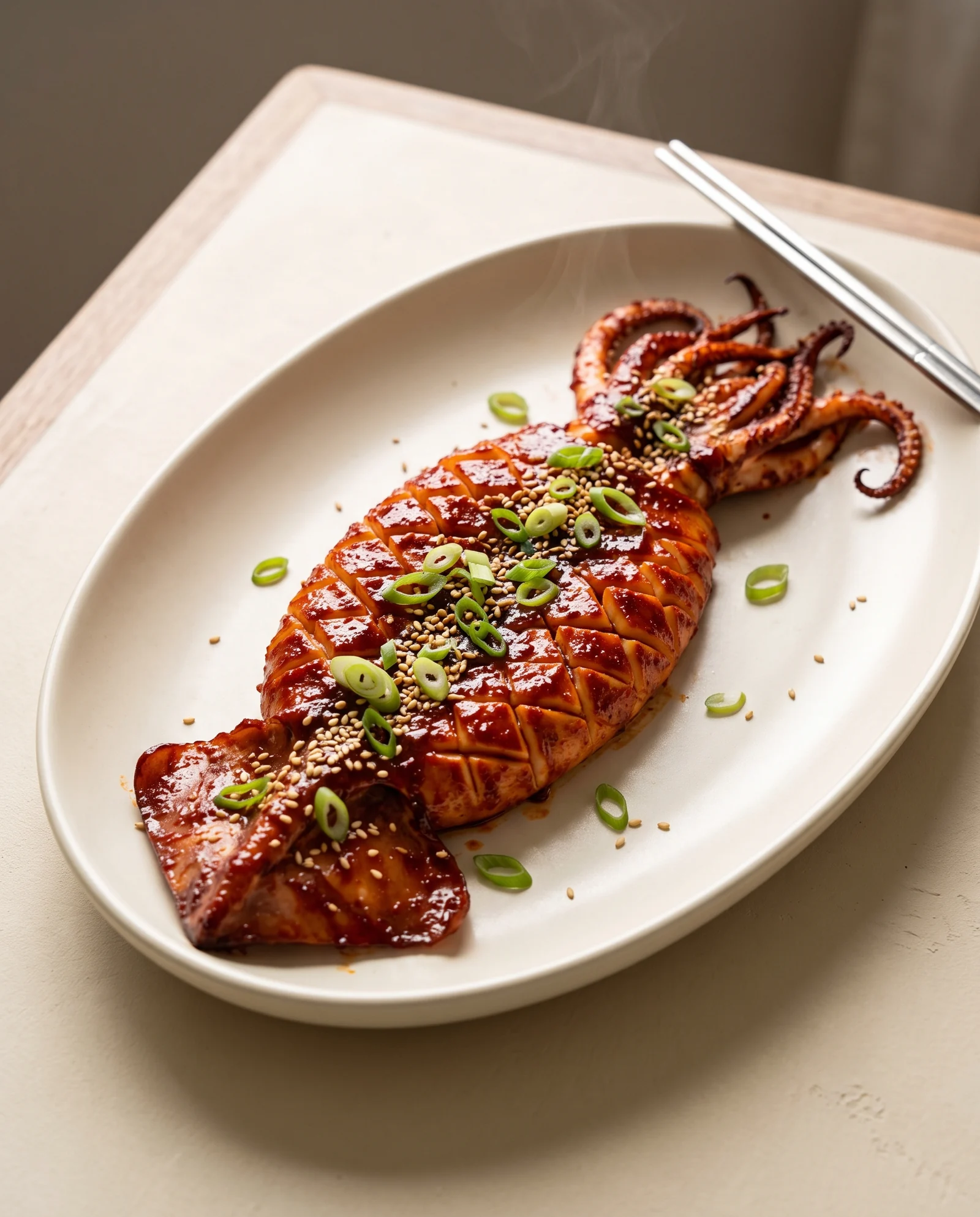 Crosshatched squid with red glaze, curled tentacles, scallion, and sesame on a plate.