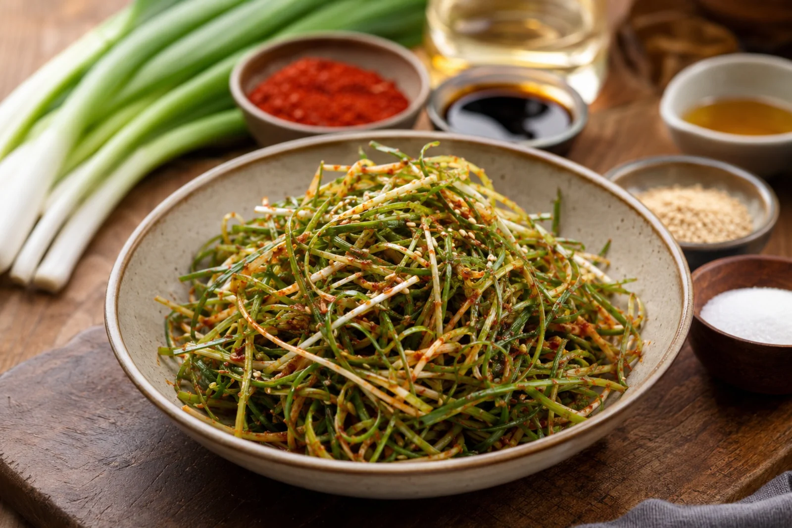 Speckled bowl piled with fine scallion threads tossed with red chili flakes and sesame seeds; whole scallions and seasoning bowls behind.