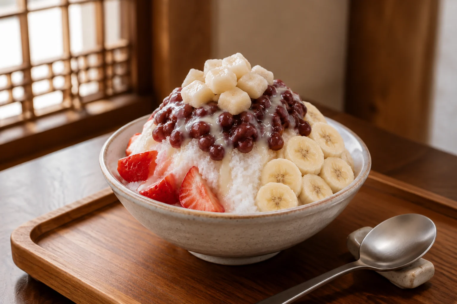 Shaved ice topped with red beans, condensed milk and rice cakes, with strawberry wedges and banana slices.