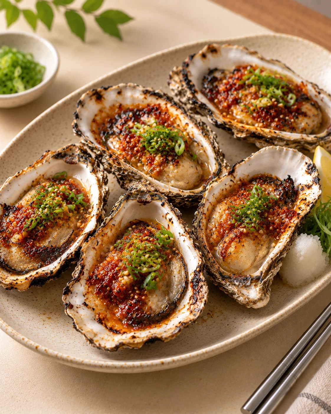 Oysters in rough half-shells topped with red seasoning and sliced scallion.