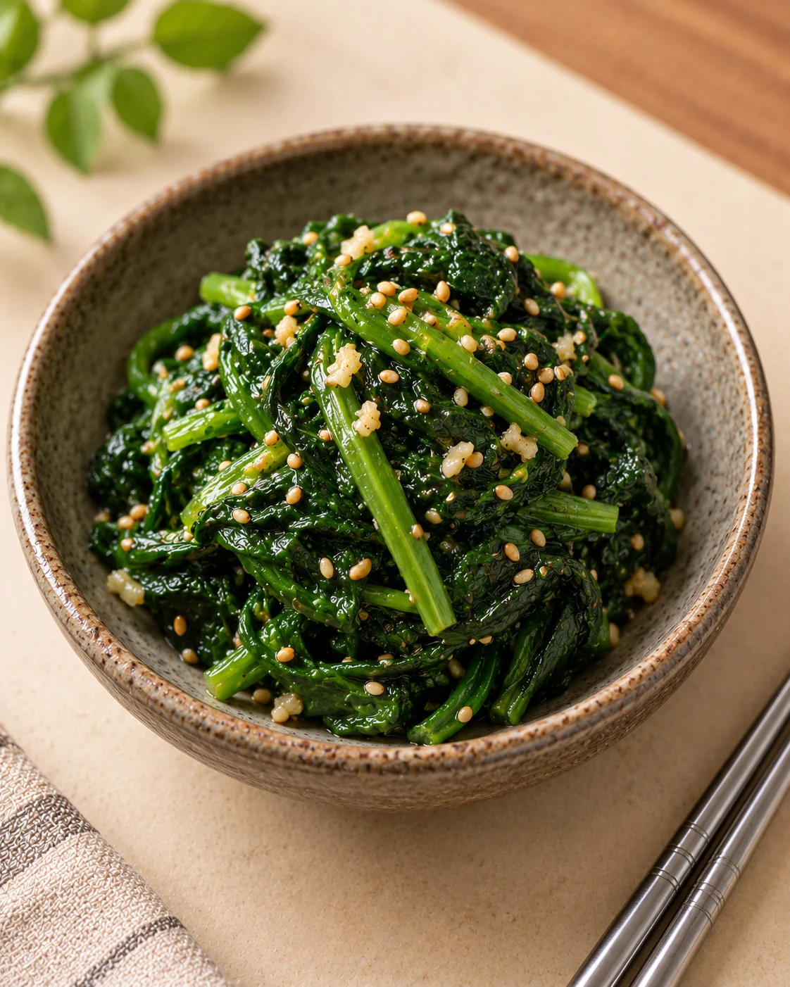 Seasoned spinach leaves and stems with minced garlic and sesame in a bowl.
