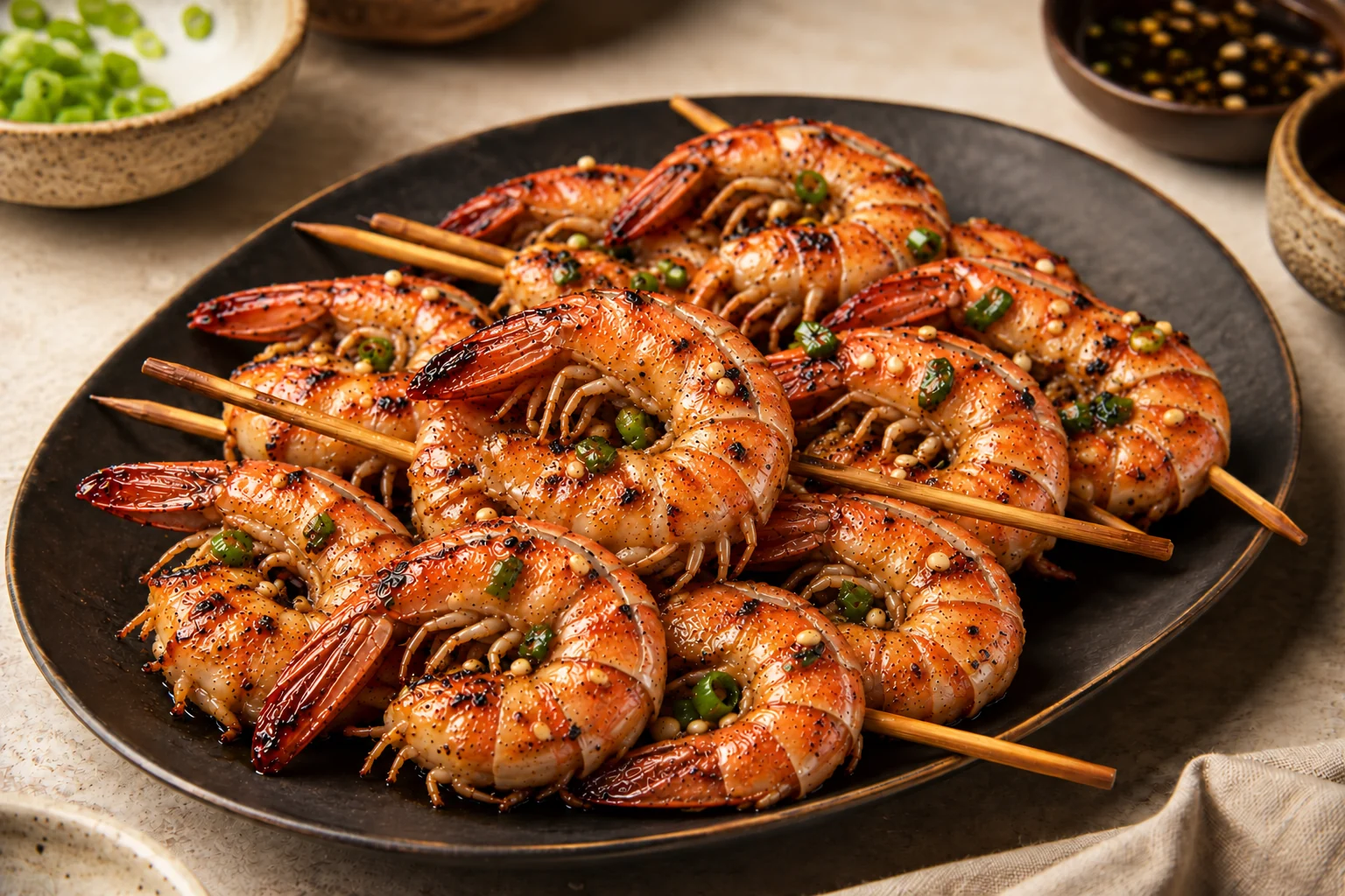 Shell-on soy-garlic grilled shrimp with segmented shells and tails on skewers, beside scallion-soy dipping sauce.