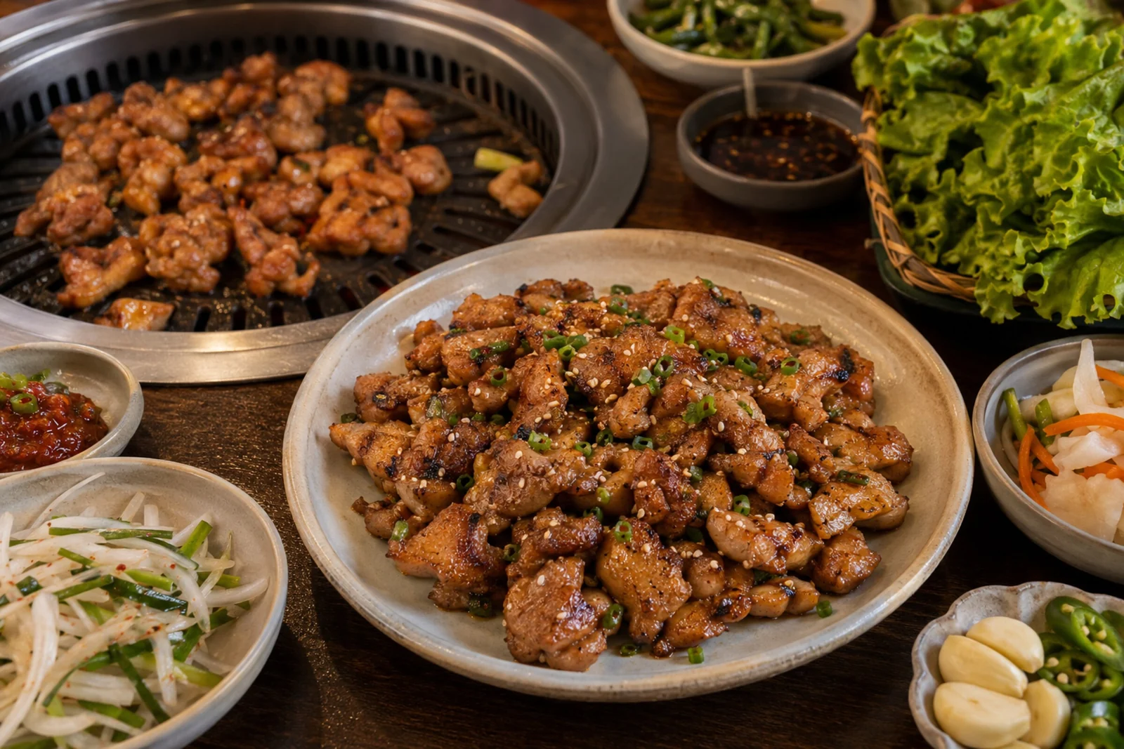 Dak bulgogi: browned grilled chicken thigh pieces topped with sesame and scallion, plated beside a tabletop grill, a lettuce basket, and banchan.