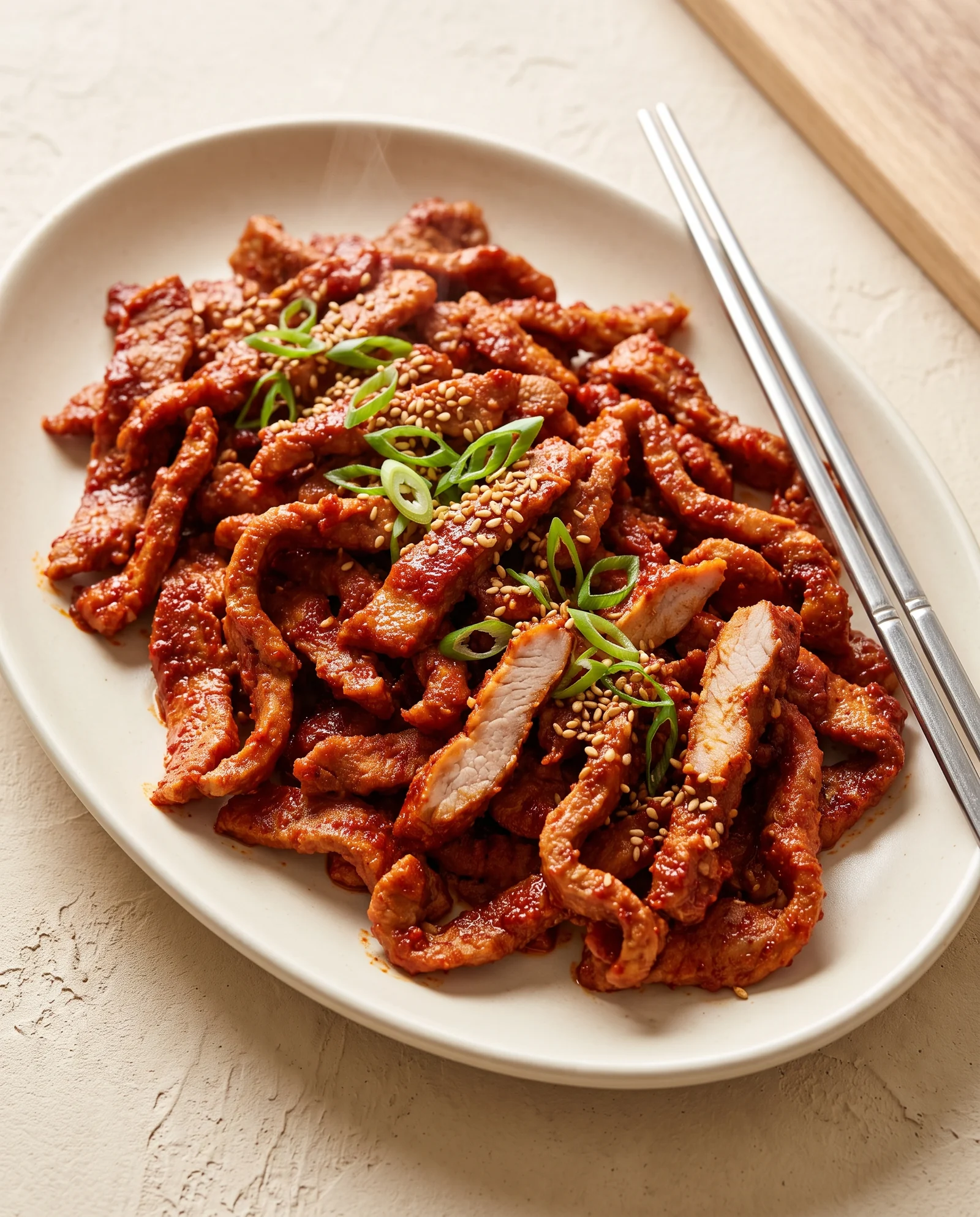Thin red-seasoned pork strips with scallion rings and sesame on an oval plate.