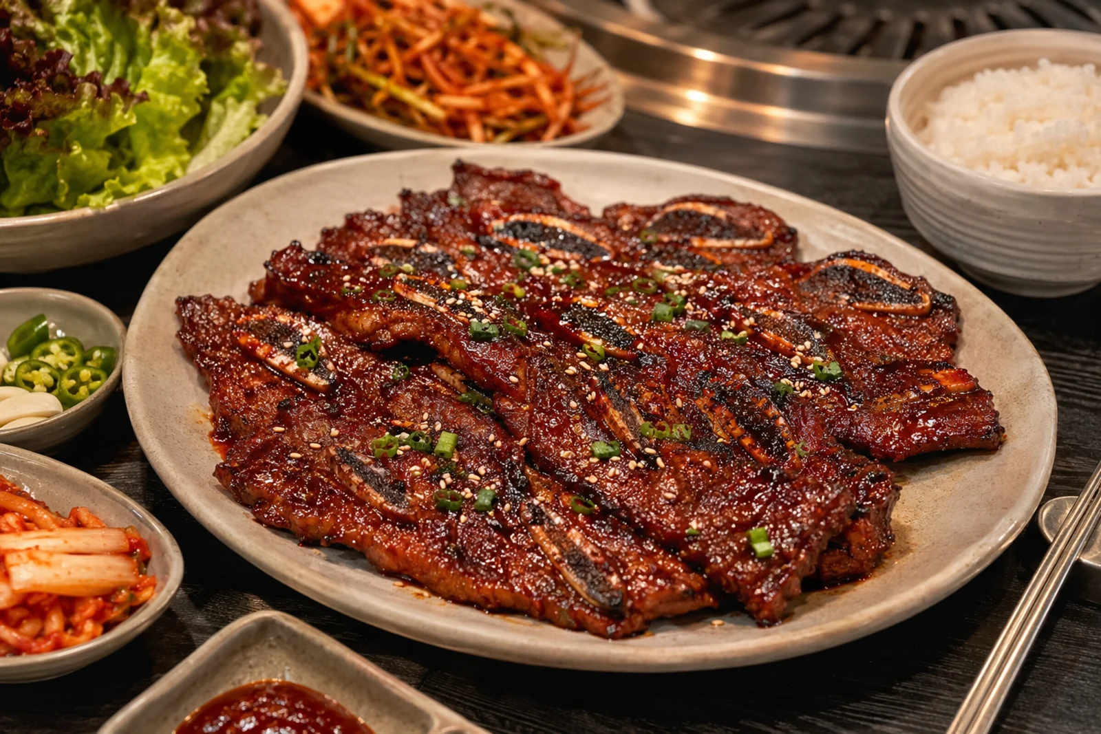 Spicy gochujang galbi: dark-glazed flanken-cut beef short ribs with charred edges and cross-cut bones, topped with sesame and scallion, plated with rice and banchan.