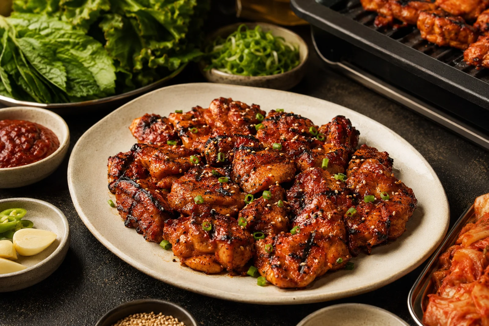 Plate of charred, glazed grilled chicken pieces sprinkled with scallion and sesame; lettuce, chili paste, garlic, kimchi, and a grill nearby.