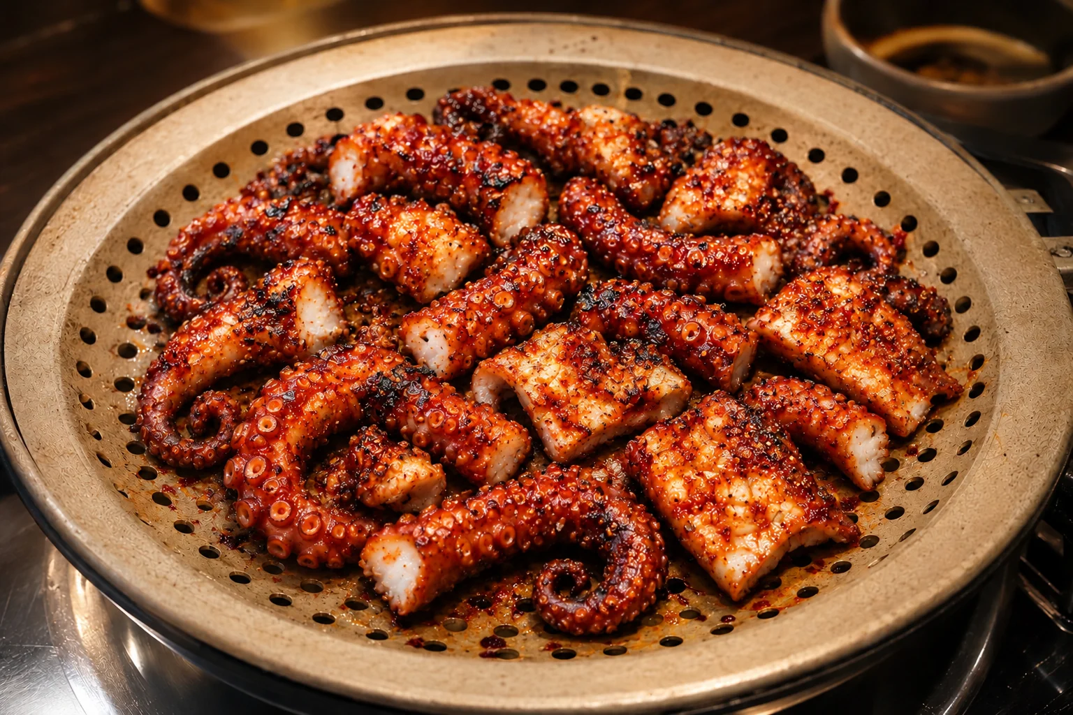 Gochujang-glazed cut octopus tentacles and scored body pieces with light char in a perforated grill pan.