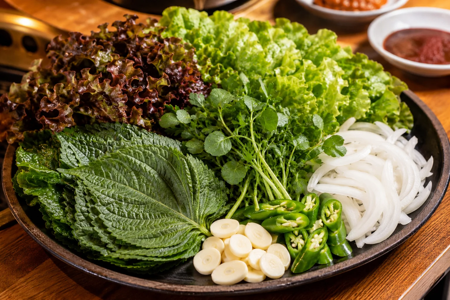 Leaf lettuce, perilla, watercress, onion slivers, garlic coins and sliced green chili arranged on a dark platter.