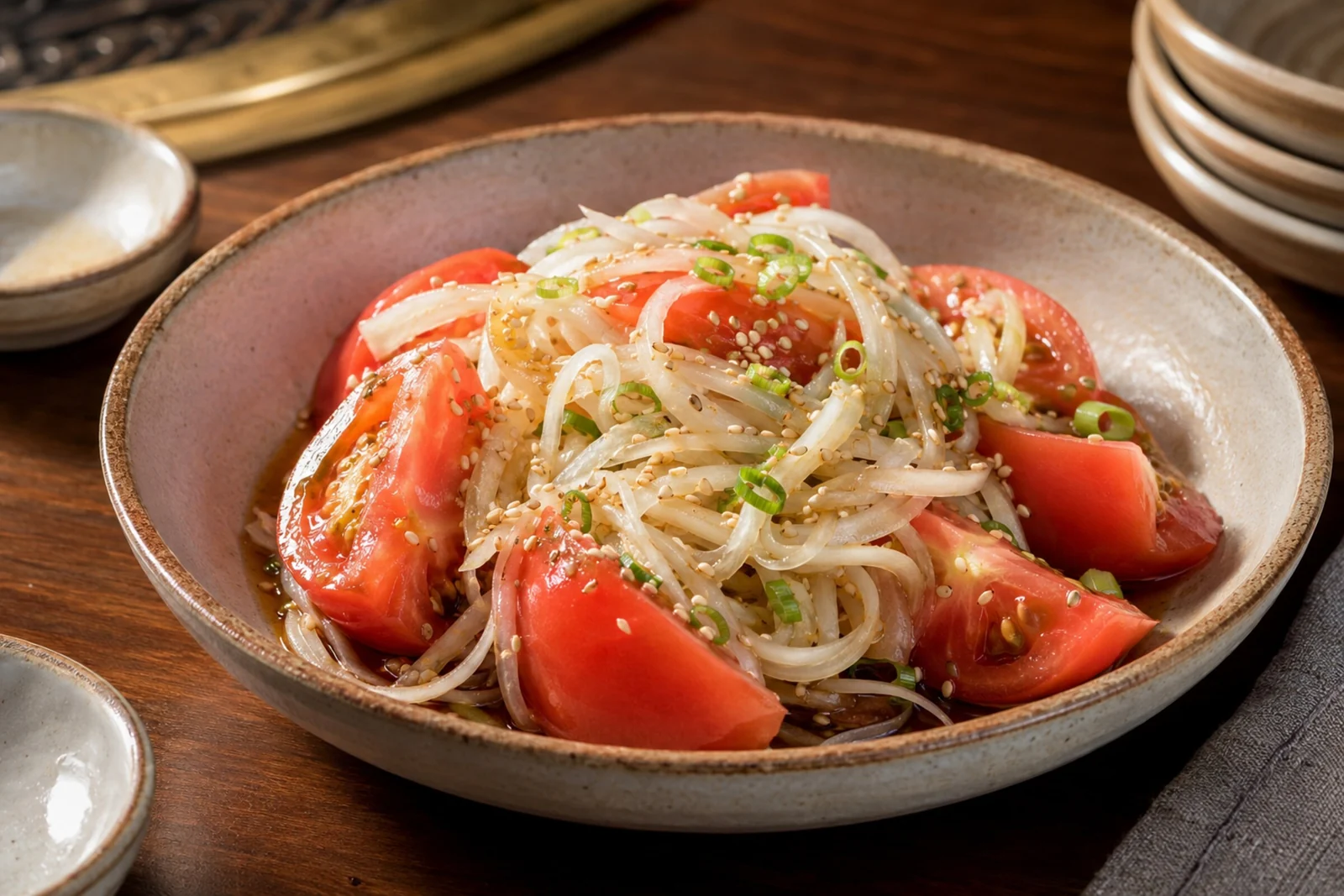 Bowl of ripe tomato wedges and thin sliced onion in a dark soy-based dressing, topped with toasted sesame seeds and scallion.