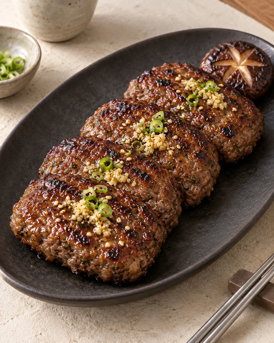 Round grilled minced-meat patties with sesame and scallion on a dark oval plate.