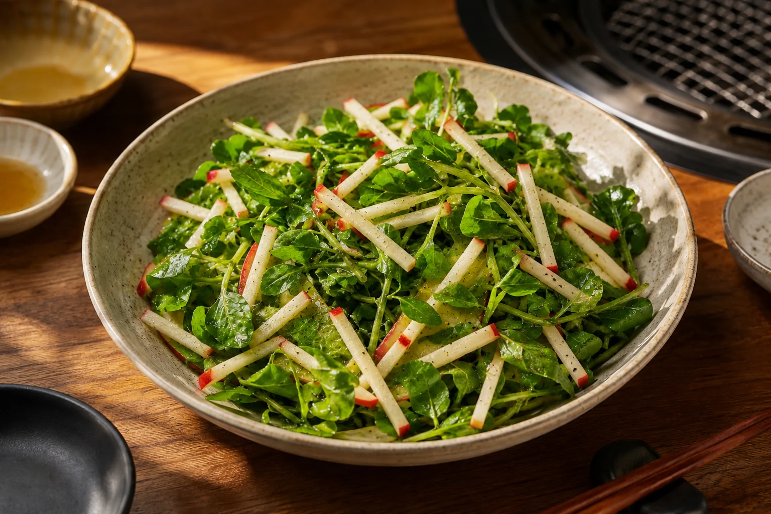 Watercress and slender skin-on apple matchsticks with glossy yuja dressing in a speckled ceramic bowl.
