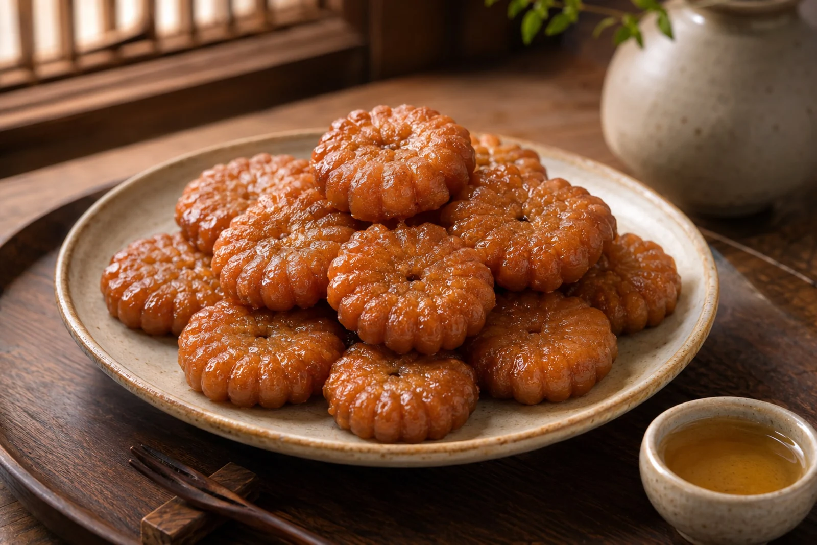 Speckled plate stacked with fluted flower-shaped yakgwa, glossy amber-brown from syrup; a teapot and small cup of syrup behind.