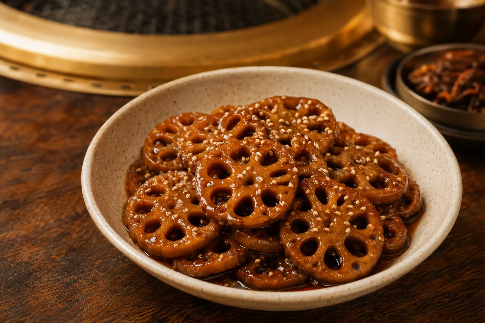 Speckled bowl of glossy soy-braised lotus-root slices with visible holes, dark caramel glaze, and sesame seeds; a brass grill ring behind.